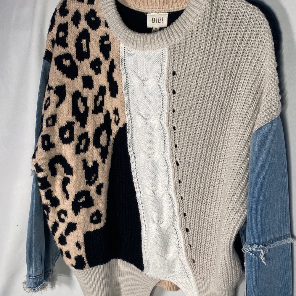BiBi Patchwork Leopard Cable Knit Sweater Denim S… - image 13